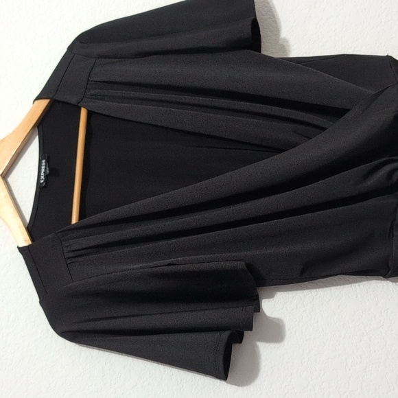 EXPRESS Satin Black Flutter Sleeve Wrap Front Bodysuit Women's Size Small - Picture 2 of 13